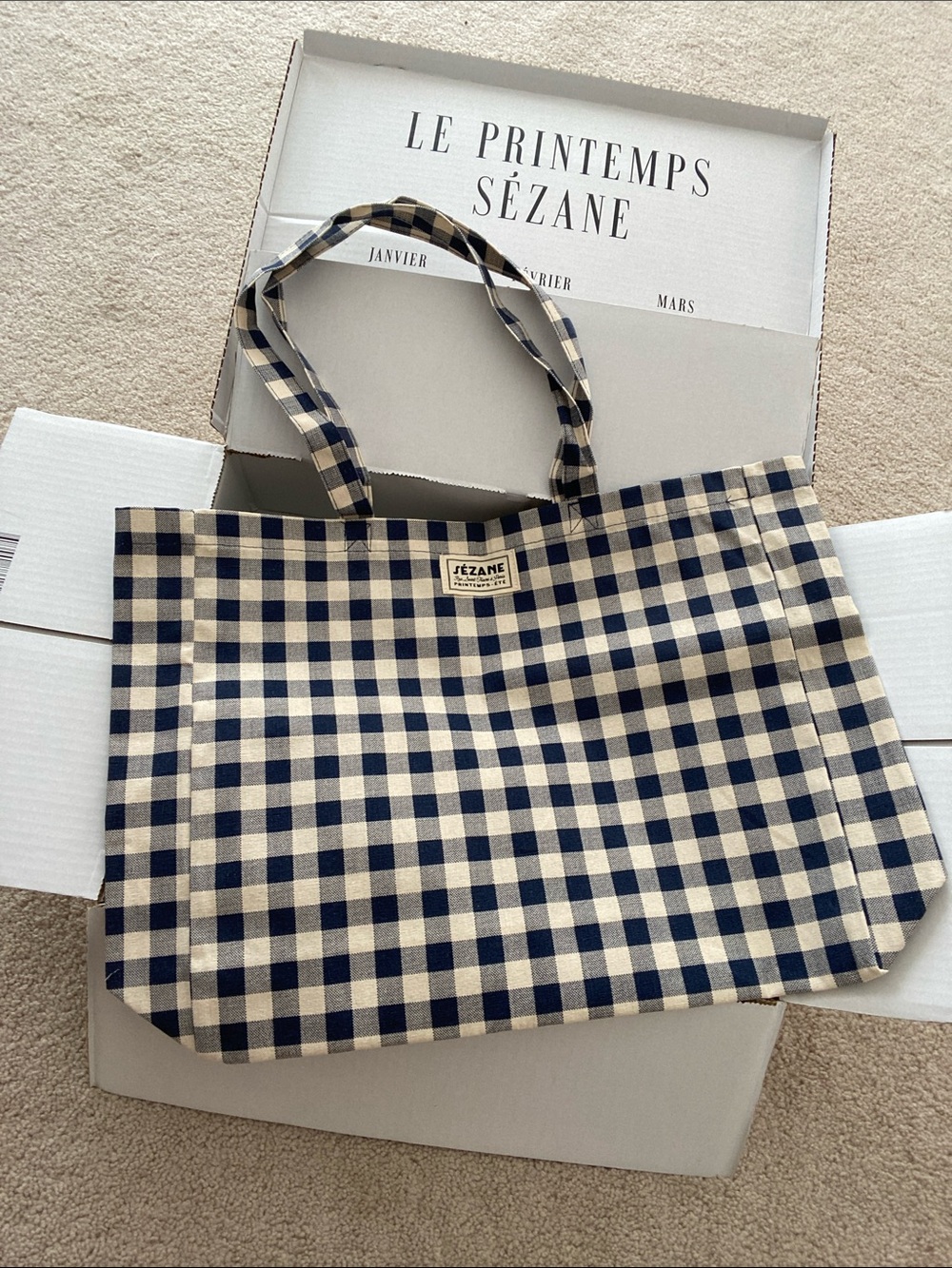 Sezane Navy and Cream Gingham Canvas Tote